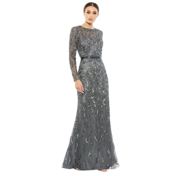 NWT MAC DUGGAL Charcoal Sequin Beaded Long Sleeve Evening Gown Women’s - Picture 1 of 13